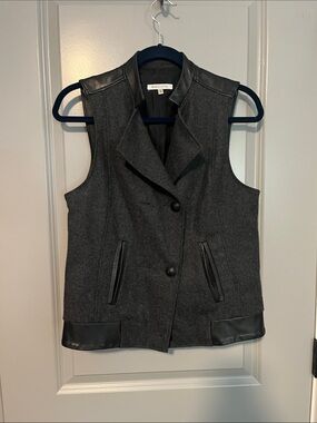 biscote Charcoal Gray Wool-Blend Vest with Leather Trim